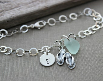 Sterling Silver Flip flop and genuine Sea Glass Charm Bracelet Personalized with Hand Stamped Initial Charm, Gift for beach lover