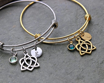 Celtic knot charm bracelet - silver or gold stainless steel adjustable wire bangle -  crystal birthstone personalized initial disc