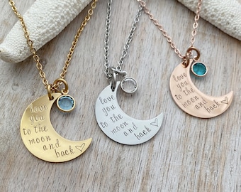 love you to the moon & back, stainless steel necklace,  Crystal Birthstones, Grandma Gift, Mommy Jewelry, Christmas Gift