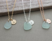 Genuine Sea Glass Initial Necklace - Personalized Monogram  - Minimalist - Choice of 14k gold filled, rose gold filled or sterling silver