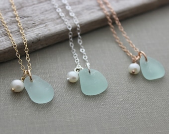 Genuine sea glass necklace with Freshwater pearl - sterling silver, rose gold fill or gold filled - Beach Glass necklace - summer