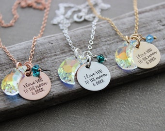 love you to the moon & back necklace -  Rose gold fill, sterling silver or 14k gold filled -  crystal moon and birthstones