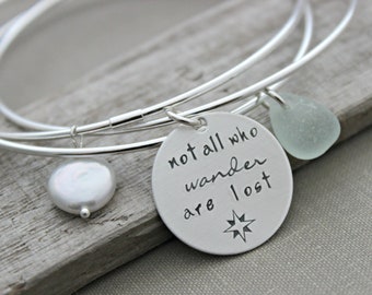 Not all who wander are lost - Sterling silver triple interlocking bangle bracelet - Genuine sea glass - Freshwater Coin pearl - Compass