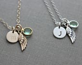 Angel wing necklace gold or silver Personalized Initial disc and Swarovski crystal birthstone charm, 14k gold filled or sterling Memorial