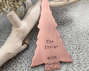 Rustic Copper Christmas Tree Ornament - Housewarming Gift - Personalized Last name or Family name and year ornament