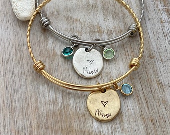 Gift for mom, gold plated or silver stainless steel bangle bracelet with personalized disc and birthstones, Mother's Day gift, grandma gift