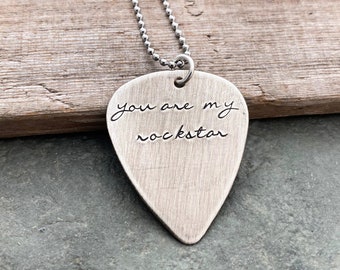 you are my rockstar - sterling silver guitar pick with stainless steel necklace chain - hand stamped pick - gift for boyfriend girlfriend