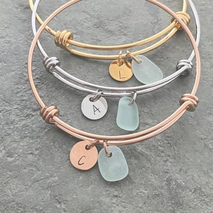 stainless steel initial sea glass bracelet - adjustable beach bangle - genuine sea glass  expandable wire bangle - Gold, silver or rose gold