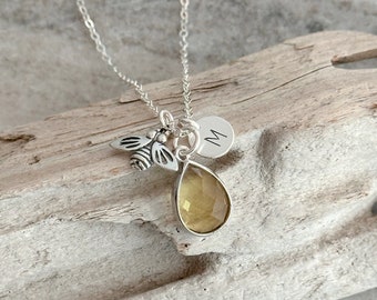 Sterling Silver Honey bee Necklace,  teardrop yellow Glass Charm with Sterling Initial, Personalized - honey yellow - insect jewelry