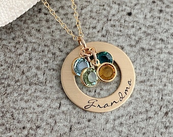 Hand Stamped Bronze Grandma Washer Necklace,  14k Gold filled chain Personalized with Swarovski  Birthstones, Grandchildren, Grandmother