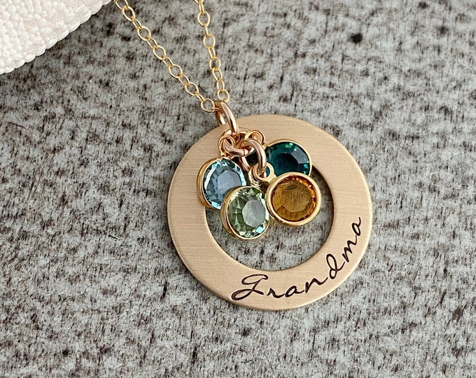 Hand Stamped Bronze Grandma Washer Necklace,  14k Gold filled chain Personalized with   Birthstones, Grandchildren, Grandmother
