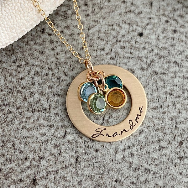 Hand Stamped Bronze Grandma Washer Necklace,  14k Gold filled chain Personalized with   Birthstones, Grandchildren, Grandmother