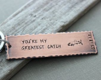 You're my greatest catch - Copper Hand Stamped Keychain - Long Rectangle Gift Idea for him - Rustic - Antiqued Wedding gift for Groom