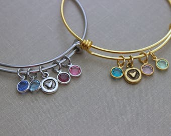 Gold or silver rustic heart charm bracelet, stainless steel bangle bracelet with  crystal birthstones, Multiple birthstones Mom