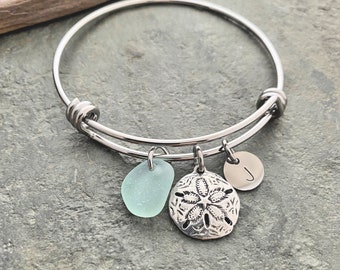 sand dollar charm bracelet, stainless steel adjustable bangle with genuine sea glass, and hand stamped initial disc Beach glass jewelry