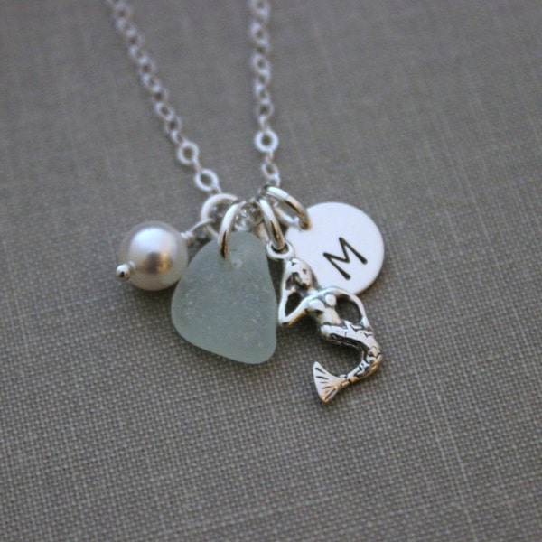 Mermaid Necklace, Sterling Silver with genuine Sea Glass, Personalized Initial Charm Necklace,  Crystal Pearl  Beach Jewelry