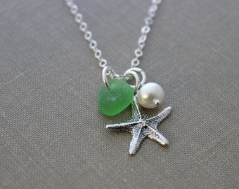 Starfish Necklace with Genuine Sea Glass and Freshwater pearl, beach gift for her, sterling silver - Seastar beach Jewelry - seaglass