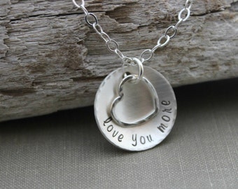 love you more necklace, all sterling silver, hammered heart charm and hammered cupped hand stamped sterling disc, Christmas gift for her