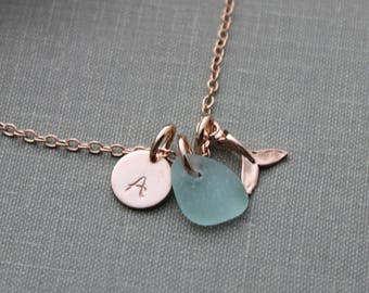 Rose Gold vermeil whale tail necklace - Genuine Sea Glass and Initial Charm necklace - Wedding Bridesmaid Gift, Personalize Pink Gold Filled