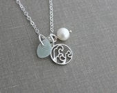 beach wave necklace with genuine sea glass and freshwater pearl, 925 sterling silver Beach Jewelry, Ocean Tidal surge - Surfer Jewelry