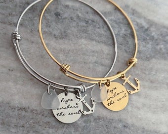 hope anchors the soul, stainless steel adjustable beach bangle bracelet, silver or gold  anchor charm, genuine sea glass  in choice of color