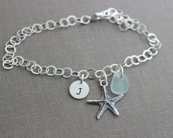 Sterling Silver Starfish and Sea Glass Charm Bracelet Personalized with Hand Stamped Initial Charm, Large Link Sterling Chain, sea star