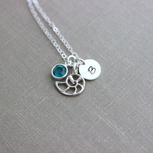 Nautilus Sea Shell Charm Necklace, Sterling Silver Sea Life Jewelry Personalized Initial Charm,  Crystal birthstone Necklace Custom