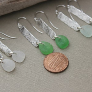 Genuine sea glass earrings sterling silver textured bar earrings beach jewelry choice of color seafoam, green or white hammered bar image 6