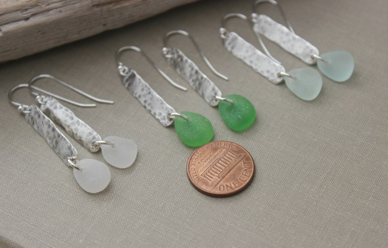 Genuine sea glass earrings sterling silver textured bar earrings beach jewelry choice of color seafoam, green or white hammered bar image 6