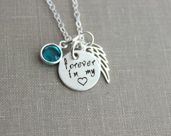 forever in my heart, Sterling silver angel wing necklace with  Crystal Birthstone, Memorial necklace, Loss Necklace