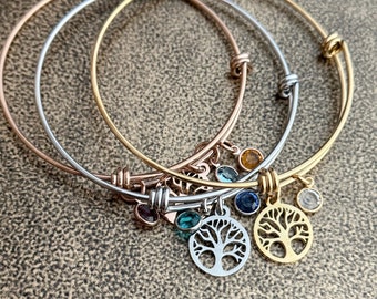 Family Tree bracelet - rose gold, gold or silver stainless steel, tree of life Jewelry - adjustable wire bangle bracelet with birthstones