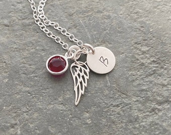Sterling silver angel wing necklace with  Crystal Birthstone, Sterling silver Initial disc, Memorial necklace, Loss Necklace