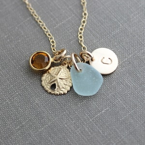 14k Gold filled Sand dollar Charm Necklace genuine Sea Glass & Initial Charm Wedding Bridesmaid Gift Birthstone, gift for her image 1