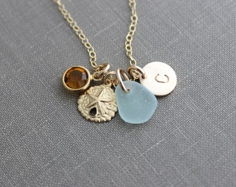 14k Gold filled Sand dollar Charm Necklace - genuine Sea Glass & Initial Charm - Wedding Bridesmaid Gift   Birthstone, gift for her