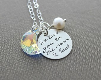 I love you to the moon & back necklace - Sterling Silver Disc - Hand Stamped with AB Swarovski Crystal Moon - Charm Necklace - Pearl