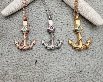 Anchor with Rope Cremation Urn Pendant - Stainless Steel with  Crystal Birthstone - Personalized beach memorial Charm -  rose gold or  gold