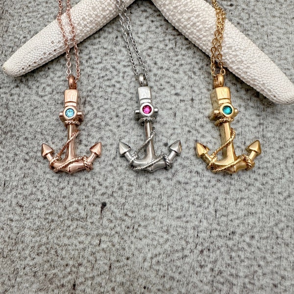 Anchor with Rope Cremation Urn Pendant - Stainless Steel with  Crystal Birthstone - Personalized beach memorial Charm -  rose gold or  gold