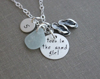 toes in the sand girl, sterling silver genuine sea glass charm necklace, personalized initial, flip flop charm, hand stamped