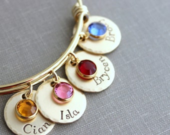 Gold plated stainless steel bracelet, Children's names Hand stamped NuGold discs,  crystal birthstones and wire bangle bracelet