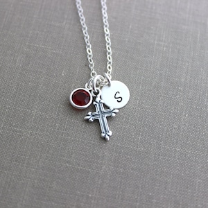 Sterling Silver Cross Necklace with  Crystal Birthstone and Round Initial Charm, Hand Stamped, Customized Confirmation Gift idea