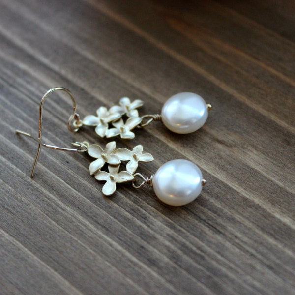 Gold and Creamy white Swarovski Crystal Pearl Forget me not earrings, long dangling gold and pearl earrings, Crystal Coin Pearls