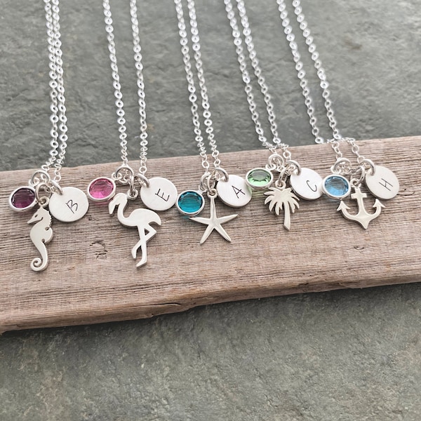 Sterling Silver Personalized Initial Beach Necklace - Choice of one Seahorse, Flamingo, Starfish, Palm Tree or Anchor -  Birthstone
