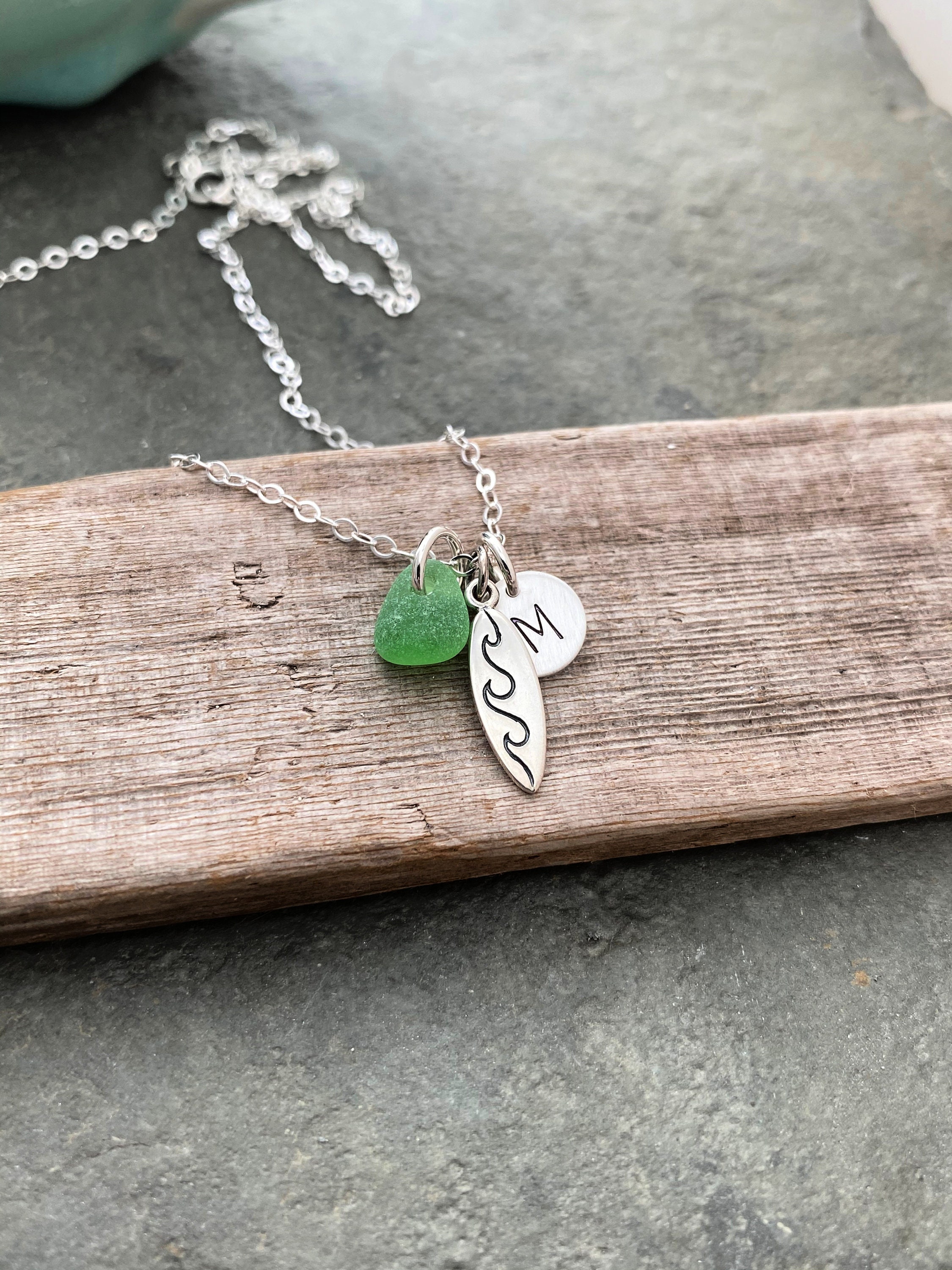 Sterling Silver Surfboard Charm Necklace Genuine Sea Glass - Etsy 日本