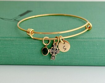 gold Celtic cross charm bracelet, stainless steel adjustable bangle,  crystal birthstone and personalized initial disc