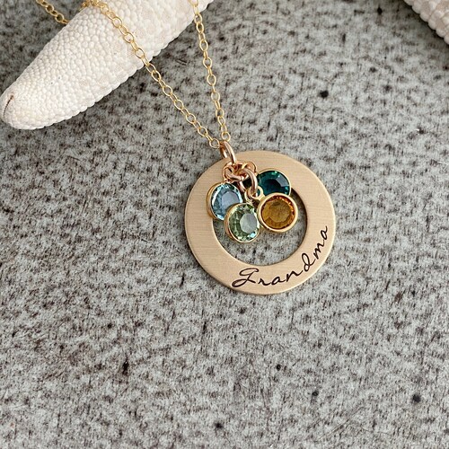 Collier rondelle grand-mère en bronze estampé à la main, chaîne en or 14 carats personnalisé avec pierres de naissance, petits-enfants, grand-mère