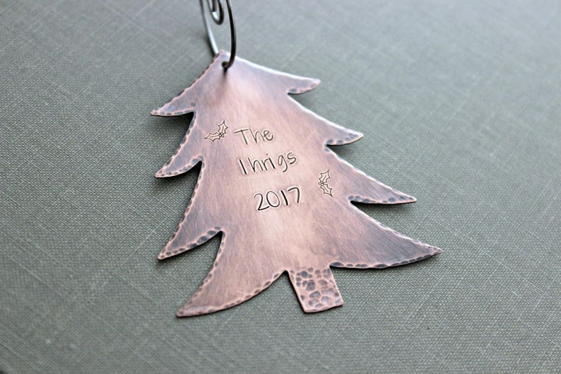 Rustic Copper Christmas Tree Ornament Personalized with Family name and Year Holly design Custom Made to order Gift idea new couple image 2