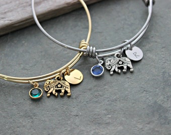 Elephant Charm bracelet - personalized with initial and   crystal birthstone gold or stainless steel adjustable wire bracelet