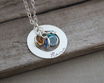 Sterling Silver personalized Necklace - Hand Stamped -  Crystal Birthstones - Customized with any name