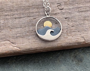 Mountains, beach waves and Sun Charm Necklace, 925 Sterling Silver and bronze Jewelry - Mixed Metal - Minimalist - Darkened Silver