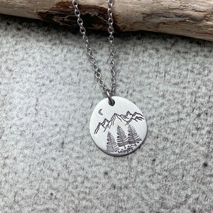 Mountain Range necklace with Pine trees and crescent moon - PNW necklace - Washington Necklace - Outdoors jewelry - gift for friend